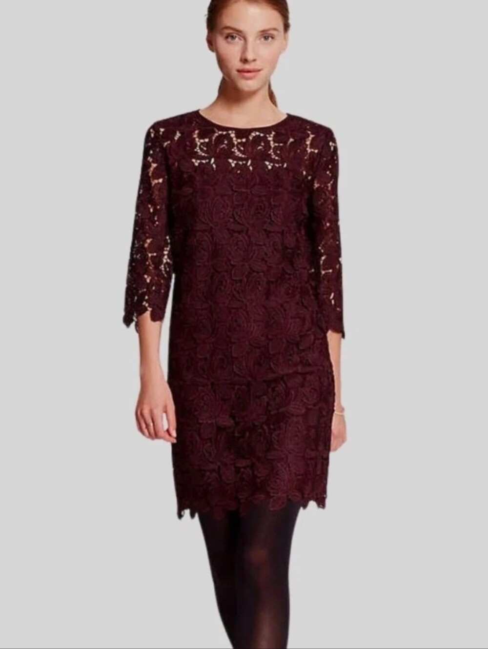 LOFT Burgundy Floral Lace Shift Dress
